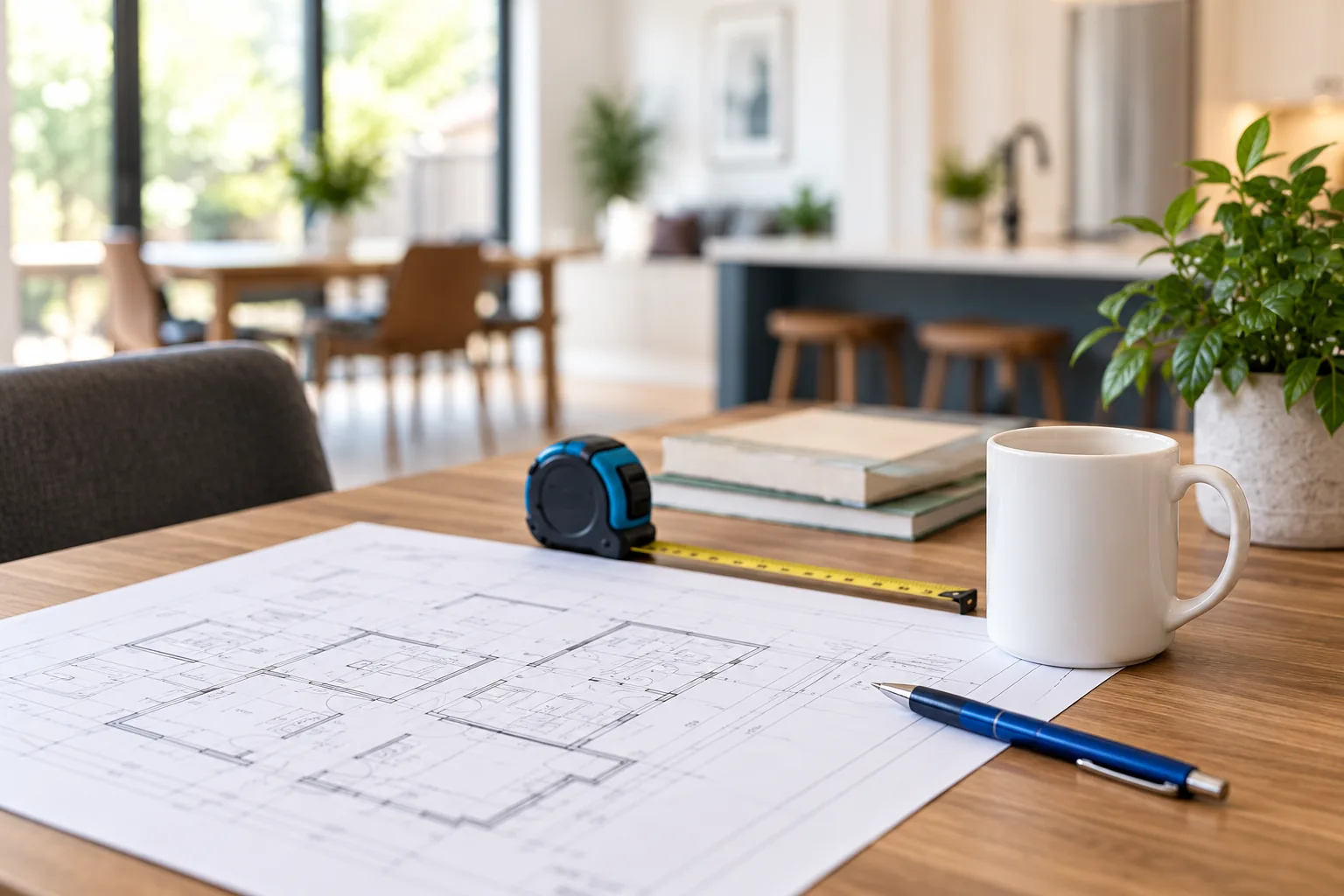 Plans de rénovation, ruban à mesurer et tasse sur une table